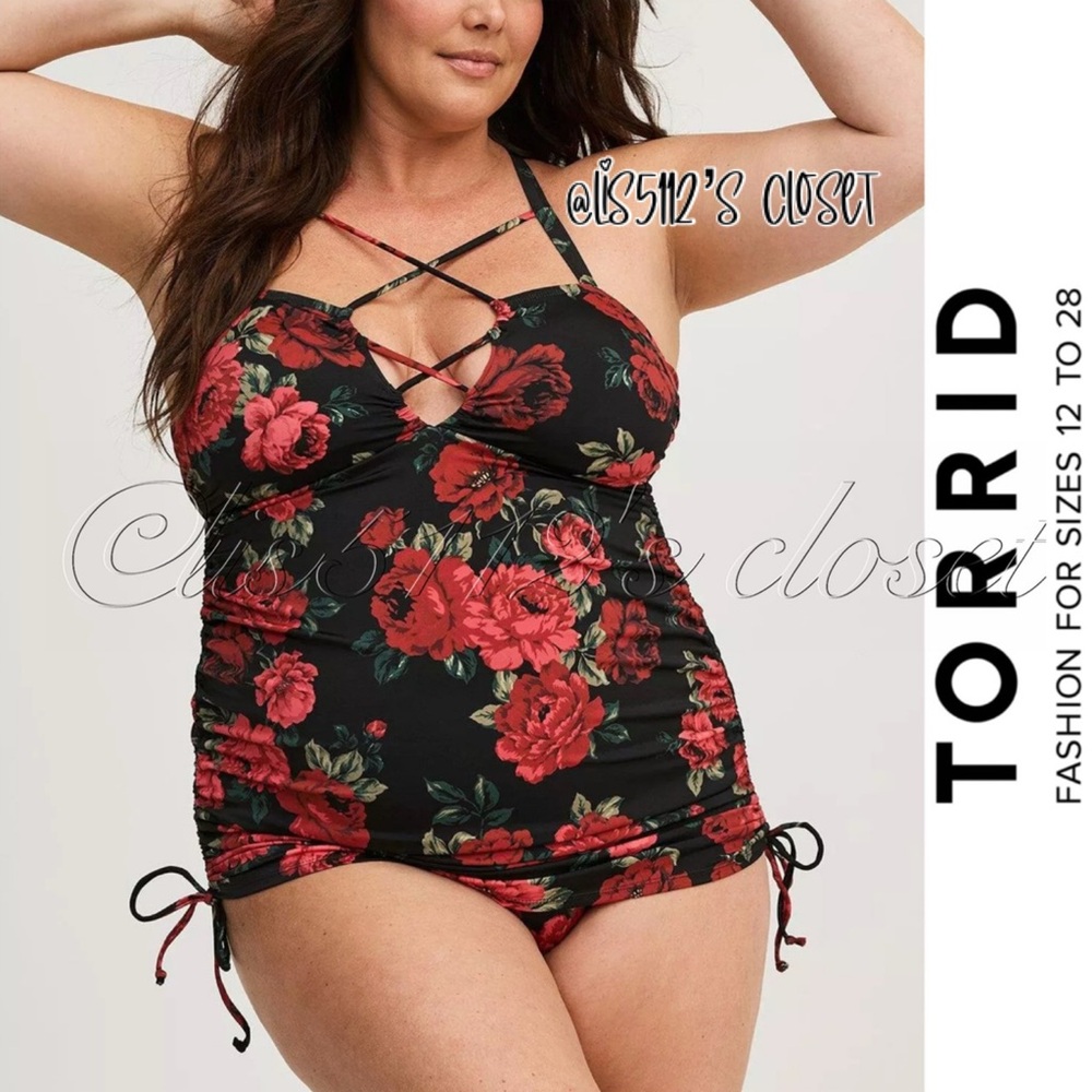 Torrid Black Red Roses Wireless Cross Front Cinched Swim Dress Swimsuit 1X 14 16